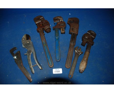 A box of tools including two large 'Record' Wrenches, etc.