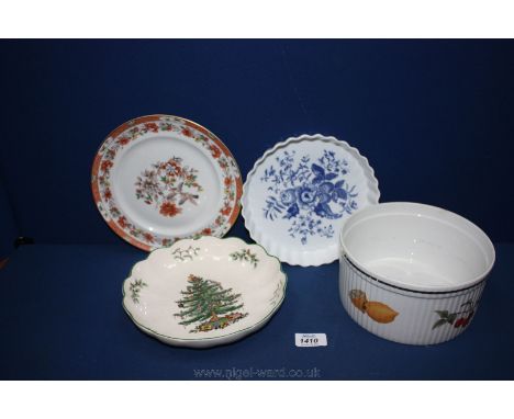 A Royal Worcester Souffle Dish, flan Dish, a Spode Christmas Dish and one other