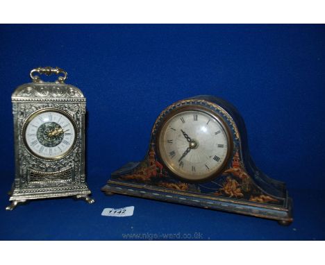 A musical carriage style Clock a/f and a mantle Clock with applied oriental decoration (converted to a battery)