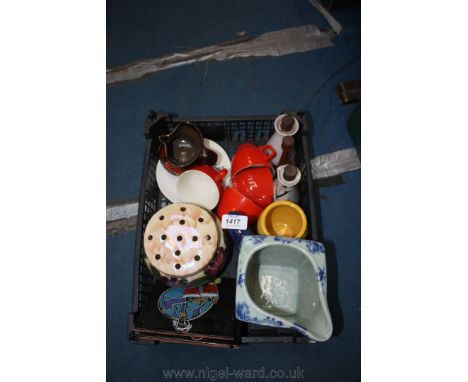 A quantity of china including blue and white ironstone Jug, Old Court flower vase with holder, retro tiles with musician desi