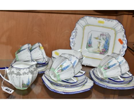 A SHELLEY QUEEN ANNE 'MY GARDEN' PATTERN TEA SET, pattern 11607, Rgd. 725404, comprising milk jug, sugar bowl, square cake pl