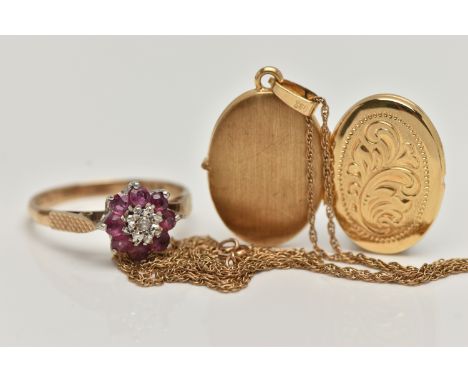A 9CT GOLD RING AND LOCKET, the first a diamond and ruby cluster ring, ring size Q, the second an oval locket suspended from 