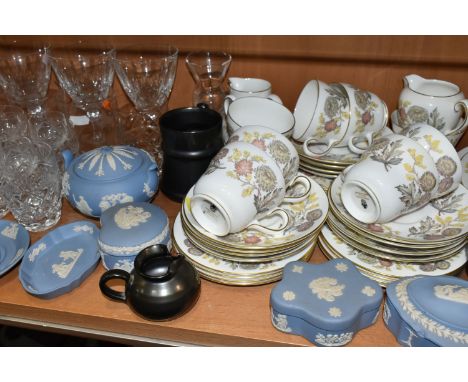 A GROUP OF CERAMICS AND GLASS WARE, to include eleven pieces of pale blue Wedgwood Jasperware, a Wedgwood Lichfield pattern p