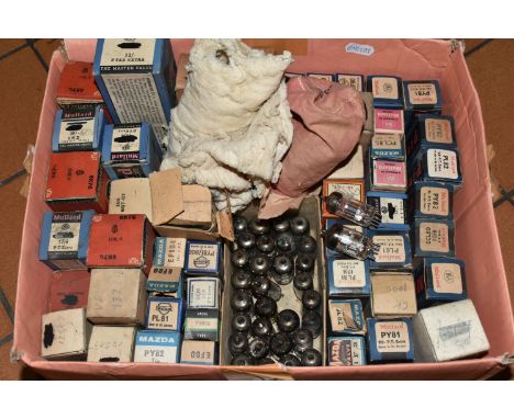 A BOX OF THERMIONIC VACUUM TUBES (VALVES), boxed and unboxed valves including Mullard, Mazda, Radiotron, Brimar, and Ever Rea