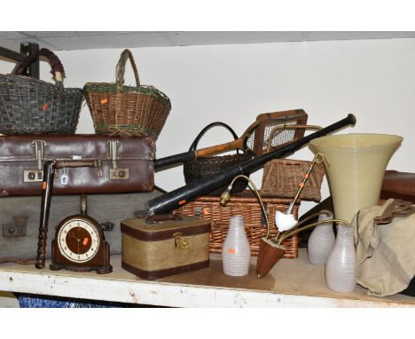 A LARGE QUANTITY OF WICKER BASKETS AND SUNDRIES, comprising a mid-century three arm brass and teak ceiling light fitting with