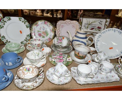 A GROUP OF TEA WARES, over forty pieces to include a Wedgwood 'Replica of the Wesley-Wedgwood Teapot' teapot (chip and crack 