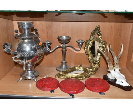 A GROUP OF METALWARE, comprising a Russian electric samovar with plug and wiring 1987 and Russian impressed maker's marks to 