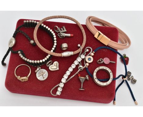 A SELECTION OF JEWELLERY, to include a Fossil bracelet with magnetic steel clasp, some Links of London charms including a coc