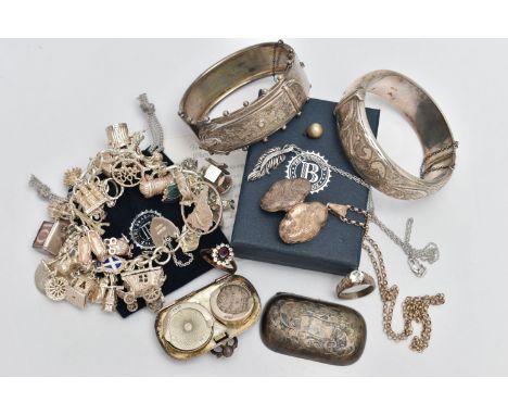 A BAG OF ASSORTED SILVER AND WHITE METAL JEWELLERY, to include a silver charm bracelet, curb links stamped with sterling mark