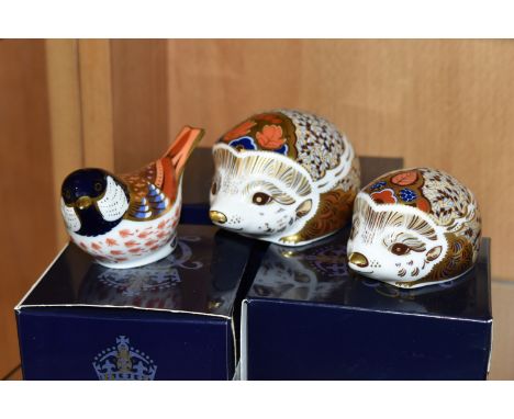 THREE BOXED ROYAL CROWN DERBY IMARI PAPERWEIGHTS, comprising a large Hawthorn Hedgehog introduced 2003, with gold button stop