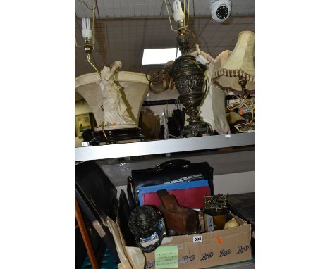 ONE BOX AND LOOSE MISCELLANEOUS SUNDRIES, top include three table lamps with cream shades, a Gray &amp; Son Ltd  University M