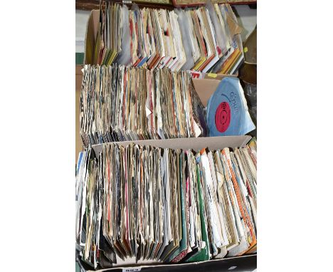 THREE BOXES OF SINGLE 45RPM RECORDS, over four hundred records mostly 1960's/70's, artists include Hot Chocolate, The Tremelo