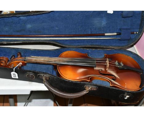 A CASED VIOLIN, stamped Stainer to the top of its two piece back, total length 58cm, in a hard painted wooden case with a bow