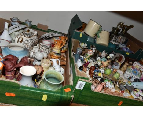THREE BOXES OF CERAMICS AND ORNAMENTS, to include a Denby 'Manor green' 1.5 pint jug, a West German Pottery jug, animal ornam