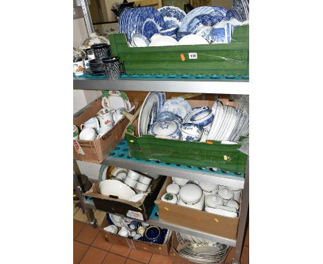 SEVEN BOXES AND LOOSE CERAMICS, to include Wood and Sons blue and white dinner wares, Wedgwood Blue Plum dinner wares, Portme