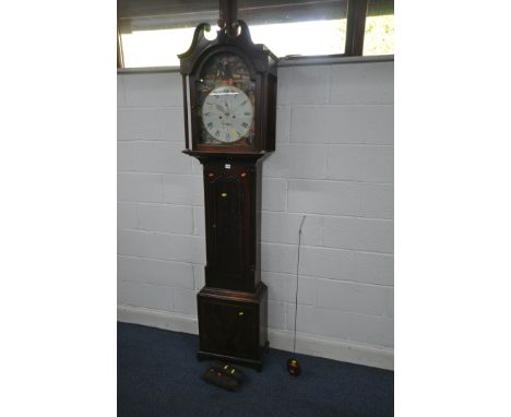 A GEORGIAN MAHOGANY EIGHT DAY LONGCASE CLOCK, the hood with swan neck pediment and brass finial, cylindrical pillars flanking