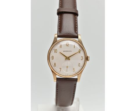 A GENTS BOXED 9CT GOLD 'GARRARD' WRISTWATCH, manual wind, round silver dial signed 'Garrard', Arabic numerals, subsidiary sec