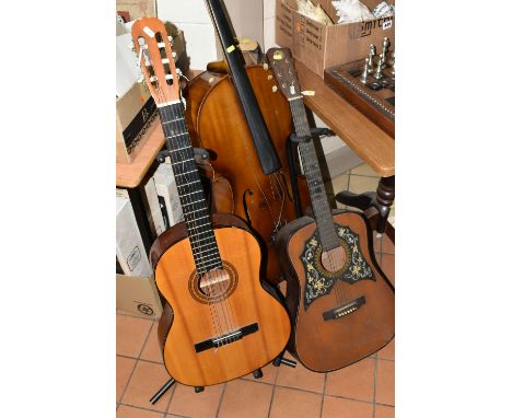 A CELLO AND TWO ACOUSTIC GUITARS, comprising a Hungarian made cello, length of body 67cm, from scroll to base 120cm x width a