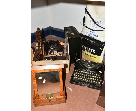 A BOX AND LOOSE TYPEWRITER, CLOCK, DIECAST VEHICLES AND SUNDRY ITEMS, to include an Imperial typewriter with cover, a Smiths 