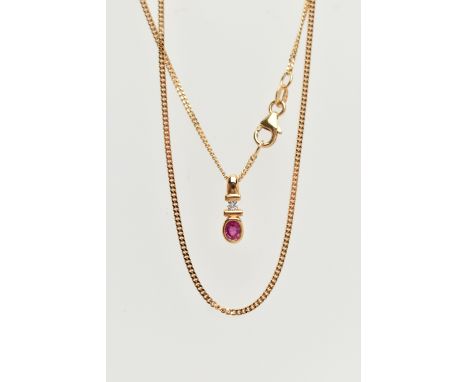 A 18CT GOLD GEM SET NECKLACE, an oval cut ruby bezel set in yellow gold, surmount round brilliant cut diamond part bezel set,