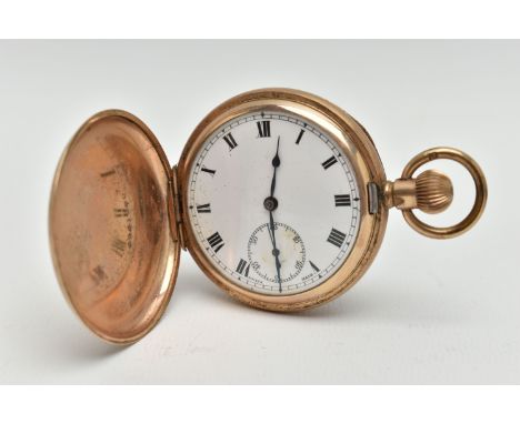 A GOLD PLATED FULL HUNTER POCKET WATCH, manual wind, round white dial, Roman numerals, subsidiary seconds dial at the six o'c