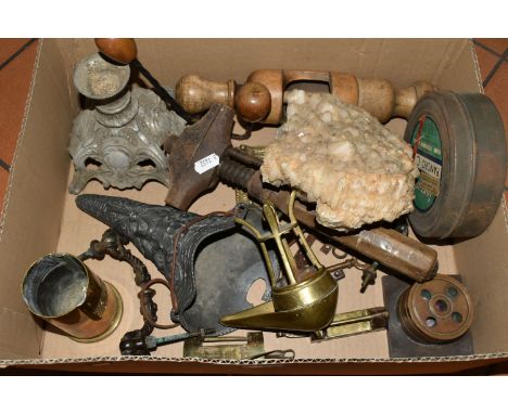 A BOX OF METALWARES AND MISCELLANEOUS ITEMS, to include a large piece of natural quartz, two Chinese brass locks, a wooden bo