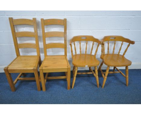 A PAIR OF 20TH CENTURY BEECH BOW BACK CAPTAINS CHAIRS, on turned legs and stretchers, along with a pair of oak ladder back ch
