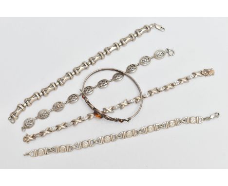 FIVE BRACELETS, to include a white metal hinged bangle set with amber cabochons, stamped 925, a silver rose detailed line bra