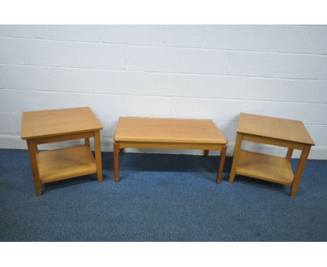 A PARKER KNOLL MID CENTURY TEAK COFFEE TABLE, length 94cm x depth 53cm x height 43cm, and a pair of oak lamp tables (conditio