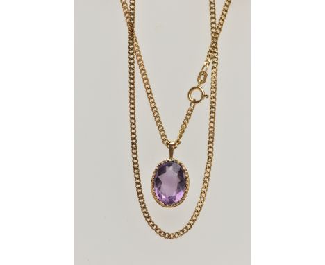 A 9CT GOLD AMETHYST PENDANT NECKLACE, oval cut amethyst in a claw mount, fitted with a tapered bail, hallmarked 9ct Birmingha