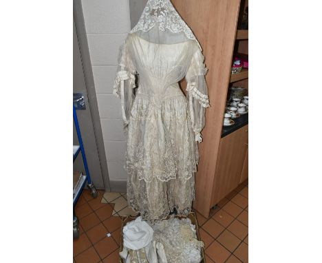 A BESPOKE LATE 19TH CENTURY VICTORIAN SILK AND LACE WEDDING DRESS WITH ACCESSORIES, made for the marriage of Harry and Gertru