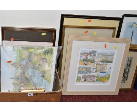A QUANTITY OF DECORATIVE PAINTINGS AND PRINTS ETC, to include two indistinctly signed modern impressionist style oils, depict