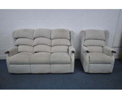 AN OATMEAL UPHOLSTERED THREE SEATER SOFA, length 177cm x depth 86cm x height 101cm, and a matching armchair (condition report