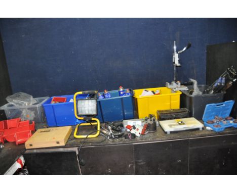 FIVE BOXES CONTAINING TOOLS AND HARDWARE including a Clarke Drill stand, a Marples Irwin wood chisel set, a Tap and die set, 