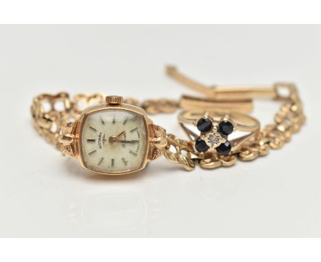 A 9CT GOLD 'ROTARY' LADYS WRISTWATCH AND A 9CT GEM SET RING, hand wound movement, square dial signed 'Rotary' 21 jewels, bato