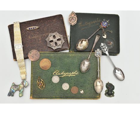 AN ASSORTMENT OF SILVER AND JEWELLERY, to include a silver souvenir spoon, hallmarked Birmingham, an old English teaspoon hal
