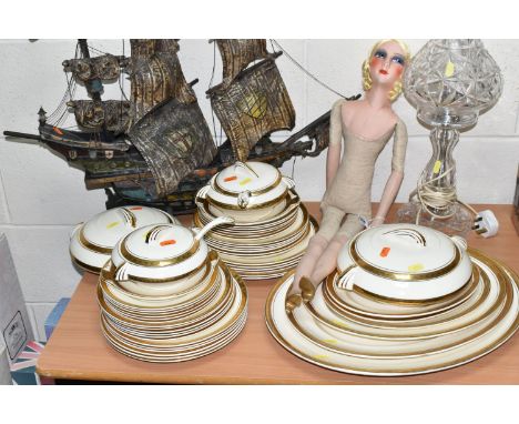 A TAMS WARE ART DECO STYLE PART DINNER SET, pattern number 2082, cream with gold gilt banding, comprising two covered tureens