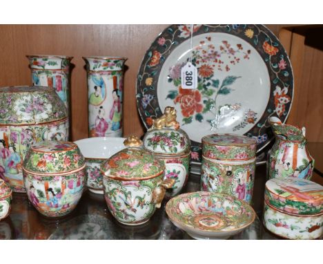 A GROUP OF 19TH AND 20TH CENTURY CHINESE CANTON FAMILLE ROSE PORCELAIN, ETC, comprising two cylindrical jars and covers, tall