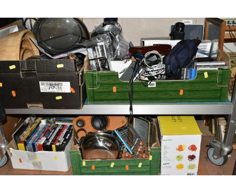 FIVE BOXES OF MISCELLANEOUS SUNDRIES, to include framed pictures, an unfinished cross stitch, two HiGear sleeping bags, a qua