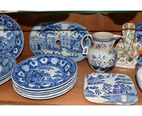 A COLLECTION OF LATE 18TH AND 19TH CENTURY BLUE AND WHITE TRANSFER PRINTED POTTERY, ETC, comprising a set of eleven Rogers Ze