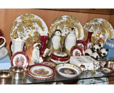 A GROUP OF NAMED ORNAMENTS AND CABINET PLATES, comprising three Royal Crown Derby 'Gold Aves' pattern cabinet plates c1973, d