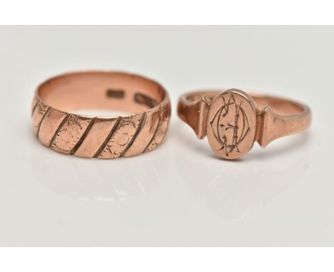 TWO 9CT ROSE GOLD RINGS, the first a late Victorian textured wide band, approximate band width 6.4mm, hallmarked 9ct Birmingh