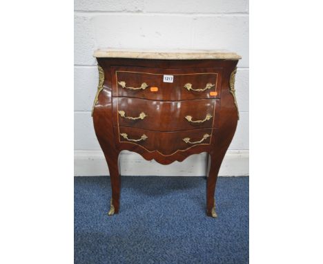 A FRENCH LOUIS XV STYLE KINGWOOD AND WALNUT BOMBE COMMODE, with a marble top, three drawers, on shaped legs, brass mounts to 