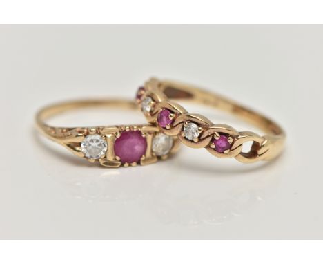 TWO 9CT GOLD GEM SET RINGS, the first set with a circular cut ruby, claw set and flanked with two round brilliant cut diamond