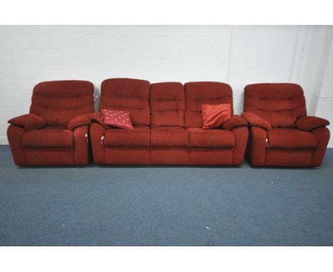 A G PLAN RED UPHOLSTERED THREE PIECE LOUNGE SUITE, comprising a three seater sofa, length 213cm x depth 96cm x height 103cm, 