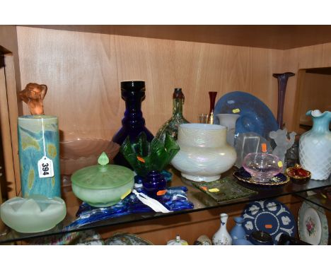 A COLLECTION OF COLOURED GLASSWARE, comprising two pale blue satin quilted air - trap vases, height 18cm,&nbsp; a Nazeing clo