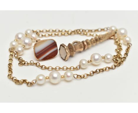 A 9CT GOLD CULTURED PEARL NECKLACE, FOB PENDANT AND FOB, belcher chain necklace fitted with five sections of three cultured p
