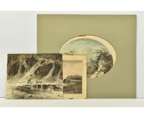 CIRCLE OF Dr THOMAS MONROE (1758-1833) THREE UNSIGNED SKETCHES, the first depicts a man with a dog at the edge of a wood, cha