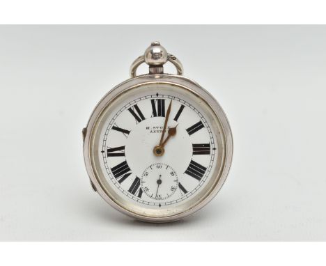 AN EARLY 20TH CENTURY SILVER OPEN FACE POCKET WATCH, key wound, round white dial signed 'H.Stone Leeds', large black Roman nu