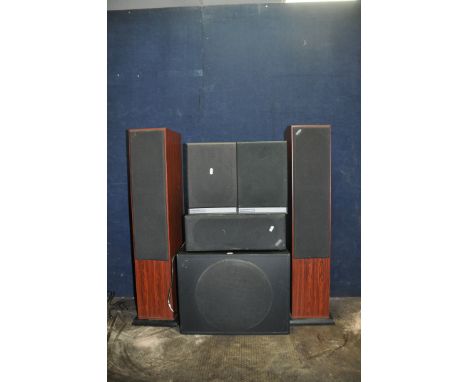 AN ACOUSTIC ENERGY AE100 SERIES SPEAKER SYSTEM comprising of an AE108S powered subwoofer (PAT pass and working), an AE107C ce